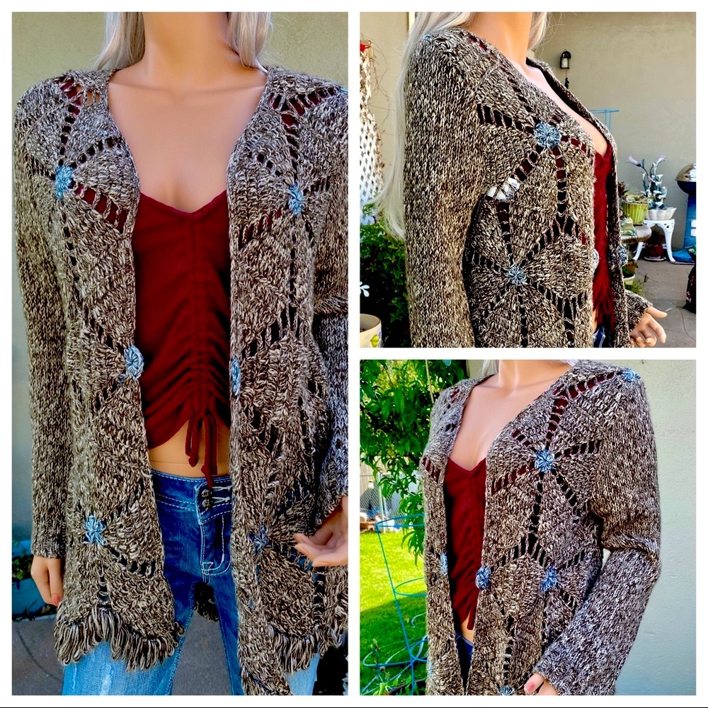 XS-M BoHo Chic Crochet Scallop Fringe Cardigan Duster Sweater - Picture 10 of 16